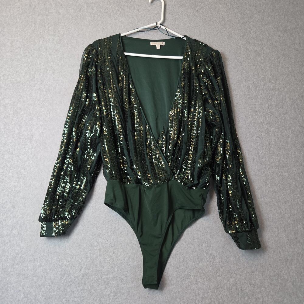 Flying Tomato Green Sequined LS V Neck Surplice Bodysuit Women's Large Stretch